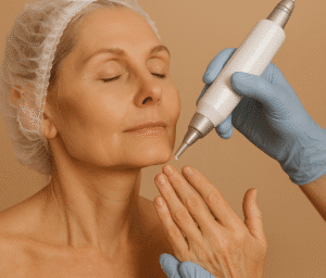 Mujer recibiendo tratamiento de rejuvenecimiento facial con Láser Erbium, enfocando en rostro y manos