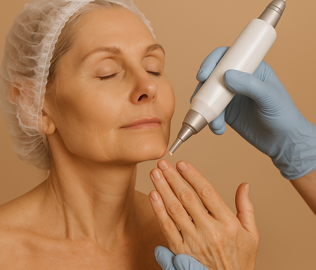 Mujer recibiendo tratamiento de rejuvenecimiento facial con Láser Erbium, enfocando en rostro y manos