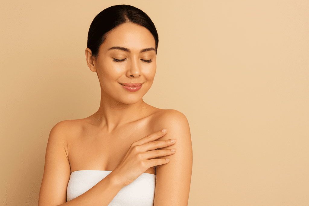 Mujer con piel radiante y uniforme tras tratamiento de aclaramiento corporal en Houston en Paloma Clinic Spa
